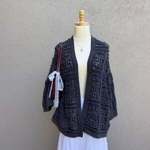 Lucky Brand Chunky Knit Cardigan Sweater Navy Blue Oversized Size Small